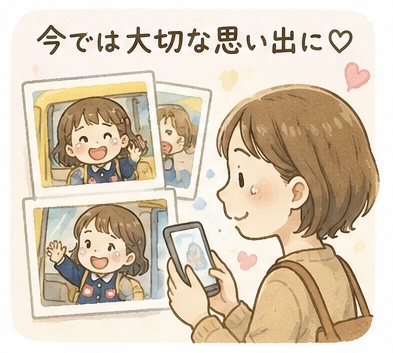 スマホで娘の思い出写真を見るママのイラスト