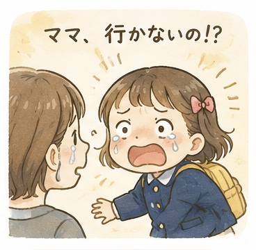幼稚園バスに乗りたくなくて泣いている女の子のイラスト