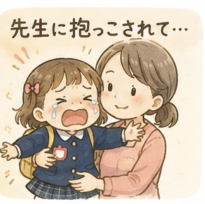 泣いている女の子を先生が抱っこしているイラスト