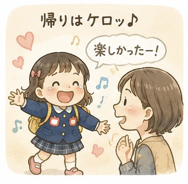 幼稚園から帰ってきてケロッとしている女の子のイラスト