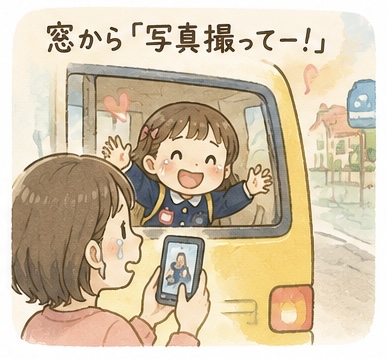バスの窓から手を振る女の子のイラスト